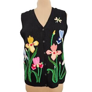 Embroidered Floral Black Knit Sweater Vest Bloomcore Medium Country Grandma